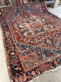 7'4 x 9'3 Antique Persian Heriz rug with French Blue spandrels #2630 - Blue Parakeet Rugs
