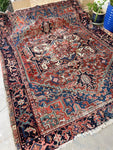 7'4 x 9'3 Antique Persian Heriz rug with French Blue spandrels #2630 - Blue Parakeet Rugs