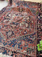 7'4 x 9'3 Antique Persian Heriz rug with French Blue spandrels #2630 - Blue Parakeet Rugs