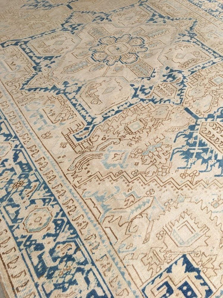 8'10 x 12' antique ivory and blue Persian Heriz (#1129) - Blue Parakeet Rugs