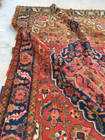 6'5 x 10'2 Deep Coral Persian Heriz / Large Antique Rug - Blue Parakeet Rugs