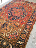 6'5 x 10'2 Deep Coral Persian Heriz / Large Antique Rug - Blue Parakeet Rugs