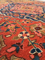 6'5 x 10'2 Deep Coral Persian Heriz / Large Antique Rug - Blue Parakeet Rugs