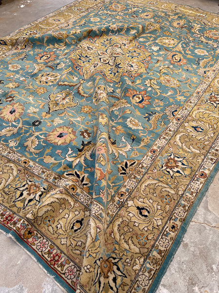 Vintage Over-Dyed Tabriz Persian Area Rug Hand-Knotted Wool Carpet - 7'10 x 10'10 - Gold/ Brown/ Light Blue