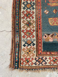 3' x 5'2 Antique Kazak rug #2454ML/ small vintage rug - Blue Parakeet Rugs