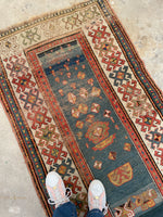 3' x 5'2 Antique Kazak rug #2454ML/ small vintage rug - Blue Parakeet Rugs