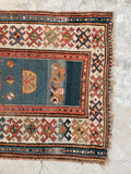 3' x 5'2 Antique Kazak rug #2454ML/ small vintage rug - Blue Parakeet Rugs