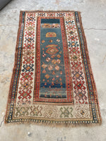 3' x 5'2 Antique Kazak rug #2454ML/ small vintage rug - Blue Parakeet Rugs