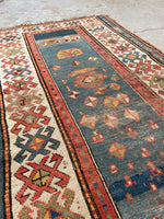 3' x 5'2 Antique Kazak rug #2454ML/ small vintage rug - Blue Parakeet Rugs