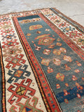 3' x 5'2 Antique Kazak rug #2454ML/ small vintage rug - Blue Parakeet Rugs