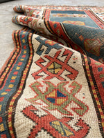 3' x 5'2 Antique Kazak rug #2454ML/ small vintage rug - Blue Parakeet Rugs