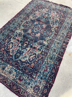 4'4 x 7'4 Worn antique floral design wool rug #588 / 4x7 Vintage Rug - Blue Parakeet Rugs