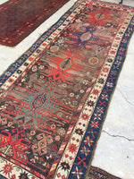 3'7 x 10'2 Antique Caucasian Runner with Eagle Art (#746) - Blue Parakeet Rugs