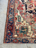 8'8 x 12'2 Antique Persian Serapi with Teal border #2655A / Large Vintage Rug - Blue Parakeet Rugs
