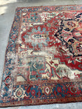 8'8 x 12'2 Antique Persian Serapi with Teal border #2655A / Large Vintage Rug - Blue Parakeet Rugs