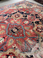 8'8 x 12'2 Antique Persian Serapi with Teal border #2655A / Large Vintage Rug - Blue Parakeet Rugs