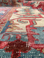 8'8 x 12'2 Antique Persian Serapi with Teal border #2655A / Large Vintage Rug - Blue Parakeet Rugs