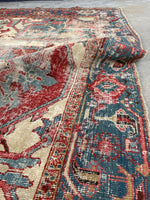 8'8 x 12'2 Antique Persian Serapi with Teal border #2655A / Large Vintage Rug - Blue Parakeet Rugs