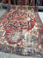 8'8 x 12'2 Antique Persian Serapi with Teal border #2655A / Large Vintage Rug - Blue Parakeet Rugs