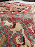 8'8 x 12'2 Antique Persian Serapi with Teal border #2655A / Large Vintage Rug - Blue Parakeet Rugs