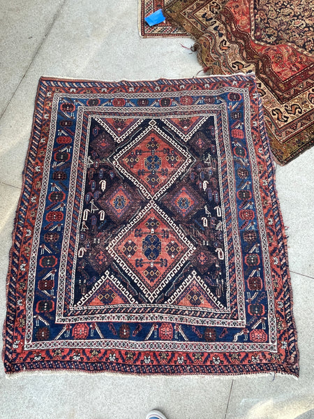 4'5 x 5' Antique nomadic wool rug #1261 / 4x5 Vintage Rug - Blue Parakeet Rugs