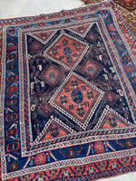 4'5 x 5' Antique nomadic wool rug #1261 / 4x5 Vintage Rug - Blue Parakeet Rugs