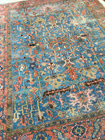 9'8 x 12'2 French blue antique Persian Heriz - Blue Parakeet Rugs