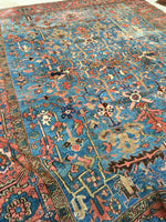 9'8 x 12'2 French blue antique Persian Heriz - Blue Parakeet Rugs