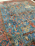 9'8 x 12'2 French blue antique Persian Heriz - Blue Parakeet Rugs