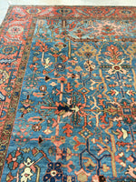 9'8 x 12'2 French blue antique Persian Heriz - Blue Parakeet Rugs