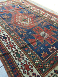 3'10 x 6'4 Blue Kazak Rug / Caucasian Rug / Tribal Rug (#355) / 4x7 vintage rug - Blue Parakeet Rugs