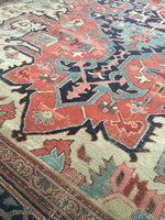 9'1 x 12'7 Antique Rare Ivory & Coral Heriz - Blue Parakeet Rugs
