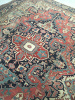9'1 x 12'7 Antique Rare Ivory & Coral Heriz - Blue Parakeet Rugs