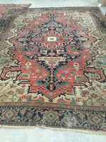 9'1 x 12'7 Antique Rare Ivory & Coral Heriz - Blue Parakeet Rugs