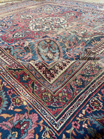 8'10 x 10' Antique Worn Persian Mashhad rug #2662 / 9x10 Worn Vintage Rug - Blue Parakeet Rugs