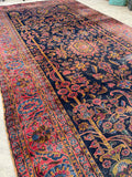 7'8 x 14'9 Antique Navy and Marigold Yellow Sarouk rug #2312ML - Blue Parakeet Rugs