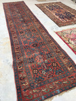 3'5 x 13'4 Antique 19th Century Runner #608 / 13 foot runner - Blue Parakeet Rugs