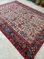 7'4 x 10'8 Antique Ivory Heriz rug #2156 / 7x11 Vintage Rug - Blue Parakeet Rugs
