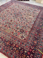 9 x 10 Antique Ivory ground Mashhad rug #1984 / 9x10 Vintage rug - Blue Parakeet Rugs