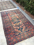 3'10 x 6'4 worn to perfection Antique Love Worn Kurdish Rug - Blue Parakeet Rugs