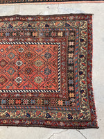 3'9 x 7'9 Antique coral melon ground Kurdish rug #2173 / 4x8 Vintage Rug - Blue Parakeet Rugs