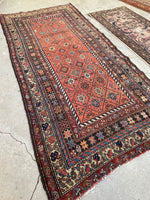 3'9 x 7'9 Antique coral melon ground Kurdish rug #2173 / 4x8 Vintage Rug - Blue Parakeet Rugs