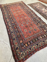 3'9 x 7'9 Antique coral melon ground Kurdish rug #2173 / 4x8 Vintage Rug - Blue Parakeet Rugs