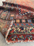 3'9 x 7'9 Antique coral melon ground Kurdish rug #2173 / 4x8 Vintage Rug - Blue Parakeet Rugs