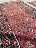 3'9 x 7'9 Antique coral melon ground Kurdish rug #2173 / 4x8 Vintage Rug - Blue Parakeet Rugs