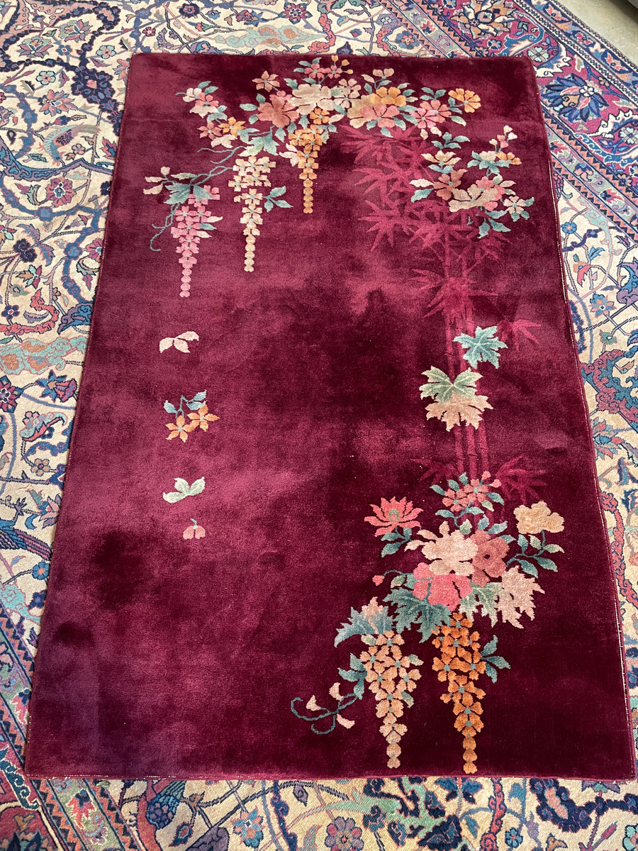 4' x 6'4 Antique Burgundy Art Deco Chinese Rug #2696 – Blue Parakeet Rugs