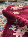 4' x 6'4 Antique Burgundy Art Deco Chinese Rug #2696 - Blue Parakeet Rugs