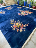 11'9 x 14'9 Antique Royal Blue Art Deco Chinese Rug #2703 / Oversize Vintage Rug - Blue Parakeet Rugs