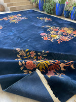 11'9 x 14'9 Antique Royal Blue Art Deco Chinese Rug #2703 / Oversize Vintage Rug - Blue Parakeet Rugs