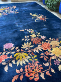 11'9 x 14'9 Antique Royal Blue Art Deco Chinese Rug #2703 / Oversize Vintage Rug - Blue Parakeet Rugs